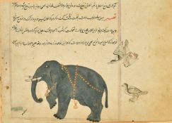 Isfahan School, possibly 17th Century, Miniature of an elephant and two ducks, ink and