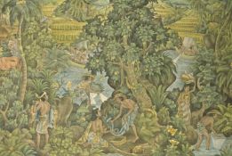Sukada, 20th Century Indonesian School, A forest scene with figures, animals and an apple tree,