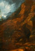 Circle of Johann Melchior Roos, A bear on a rocky hillside drinking from a stream, oil on canvas,
