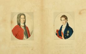 A set of four hand-coloured engravings of the Drummond family, framed in two frames, each image 5.5