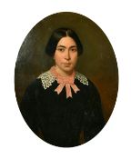 19th Century Continental School, a half-length portrait of a lady, oil on canvas, framed as an oval,