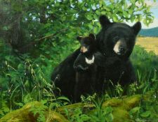 Dmitri Dalinine (b. 1964) Russian, a black bear and her cub sat amongst foliage, oil on canvas,
