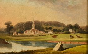 18th/19th Century American School, An extensive landscape with river, cattle, church and houses