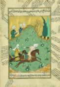 An early 20th Century Persian miniature, figures on horseback with three figures looking on, the