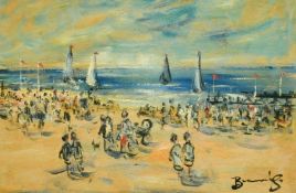 Wally Beauvais (1942-1998) A busy beach scene with sailing boats running with the wind, signed, 6.5