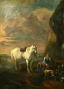 Early 19th Century Continental School, a wayfarer and his horse resting by flowers on a country