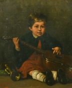 L. Gillet 19th Century, Portrait of a young boy playing a guitar, with a trumpet by his side, oil on