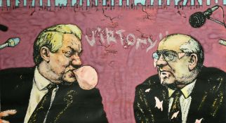 A collection of four Russian political cartoon drawings from the 1990's, watercolour, the largest