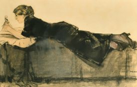 Pieter Van Der Hem (1885-1961) Dutch, a female figure lying on a bed, chalk, charcoal and coloured