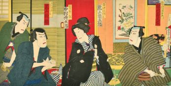 A Japanese Meiji period wood block print triptych, Kunichika Toyohara (1835-1900) The Kabuki theatre