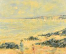 Wally Beauvais (1942-1998) British, Children on a beach with sailing boats out to sea, oil on