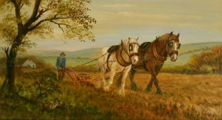 H.W. Clapton (Circa 1930) Shire horses ploughing a field, oil on canvas, signed and dated 1987, 13.