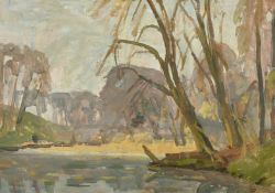 John Brown (20th Century) British, a tree lined river landscape, oil on board, signed with initials,