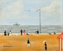 Margaret Chapman (1940-2000) British, Figures and dogs on a French beach with a paddle steamer