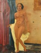 J. Nishikawa, a 20th Century portrait of a standing female nude, oil on canvas, signed, 31.5