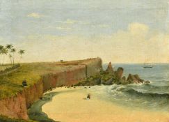 Colonial School 19th Century, Cliffs by a beach with figures and ships in the distance, oil on