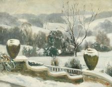 Maurice Codner (1888-1958) British, snowfall on the terrace of a country house, oil on board, 14