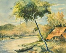 Southeast Asian School, A settlement on a river, watercolour, 9.5
