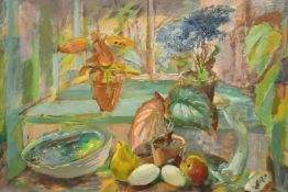 Phyllis Bray (1911-1991) British, a still life of mixed objects on a windowsill, oil on canvas,