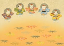 An early 20th Century Japanese woodblock print, A Japanese festival depicting five actors with maple