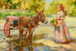 Tatyana Yenikeyeva (b.1968) Russian, 'The Donkey Cart', oil on canvas, signed, 24cm x 35cm, 9.5