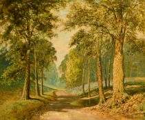 David Mead (1906-1986) British, 'Balcombe Forrest, Sussex', A track through the woods, oil on board,
