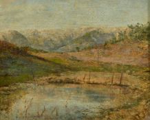 20th Russian School, An Impressionist landscape with pond, fields and mountains, oil on board, 9