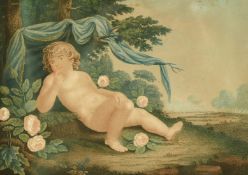 A group of four 19th Century French colour prints in black frames, 6.25