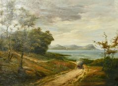 L. Duguet, Circa 1911, a cart on a country lane approaching a mountain lake, oil on canvas, 23