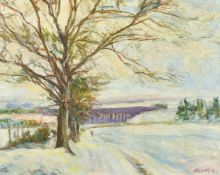 20th Century, a view of a pathway in a snowy landscape, oil on canvas, indistinctly signed, 14