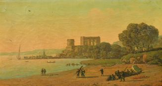 Louis Lottier (1815-1892) French, merchants gathered on a beach with a town beyond, oil on canvas,