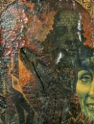 20th Century, A scene of ghoulish figures at night, mixed media on an old wood icon, signed BMA