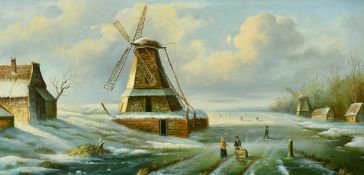 J. Robertson (20th Century), figures on a frozen waterway, oil on board, signed, 10