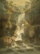 18th Century School, a view of a waterfall, watercolour, 19.5