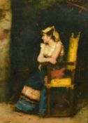 Continental School, 19th Century, A lady in traditional dress seated in an interior, oil on