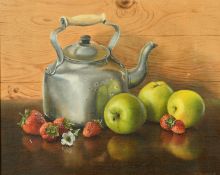 May Williams, New Zealand, Still life of a kettle with strawberries and green apples, oil on