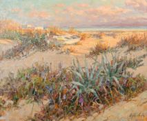 Ricardo Cejudo Nogales (b.1952) Spanish, 'La Barca Blanca', a rowing boat on a sand dune at dusk,