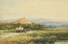 Circle of David Cox, Haymakers loading a horse and cart, a ruined tower in the distance, watercolour