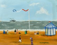 Margaret Chapman (1940-2000) British, Figures on a French beach and a paddle steamer ship beyond,