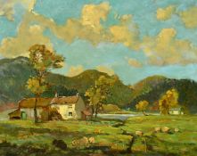 Jack Cross (Early 20th Century) British, sheep by a cottage with a hilly landscape beyond, oil on