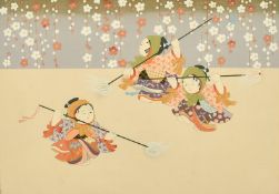 An early 20th Century Japanese woodblock print, A Japanese festival depicting three figures with