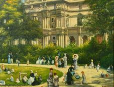 20th Century, R.H. Banks, A busy Paris Park with figures, oil on board, signed, 14.5