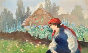 Nikolai Vasilyevich Orlov (1863-1924) Russian, A walled city in snow, A woman carrying water and a