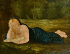 19th Century Continental School, a scene of a draped female recumbent nude reading in a woodland