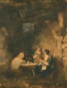 Circle of Jozef Israels, Figures around a table in a dark interior, watercolour on card, 12.75