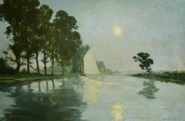 Emile Antoine Verpilleux (1888-1964) Anglo-Belgian, a nocturn view of a sailboat on a tree-lined