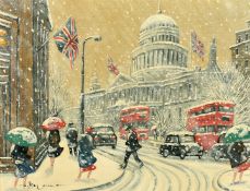 Joanna Bryan (b.1956) British, 'Snowstorm St. Paul's', oil on board, signed and inscribed verso,