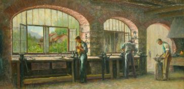20th Century School, a scene of three figures working in a forge, oil on board, indistinctly signed,