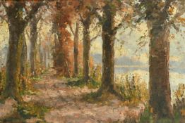20th Century, A tree lined path on an Autumn Day, oil on canvas, indistinctly signed, 16