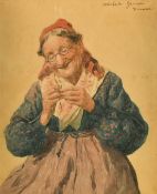 Michele Garinei (1871-1960) Italian, a study of a lady threading a needle, watercolour, signed and